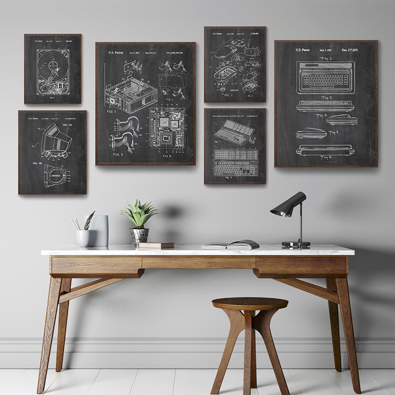 Office Print Tech - 6-teiliges Vintage-Computer-Patent-Wandkunst-Set, Technische Bauplan-Drucke für Büro-