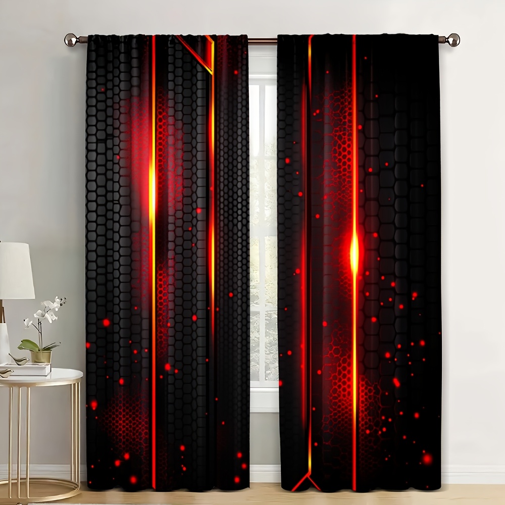 Office Print Tech - 2er-Set Lava-Vorhänge Schwarz-Rot mit Riss-Magma-Print –