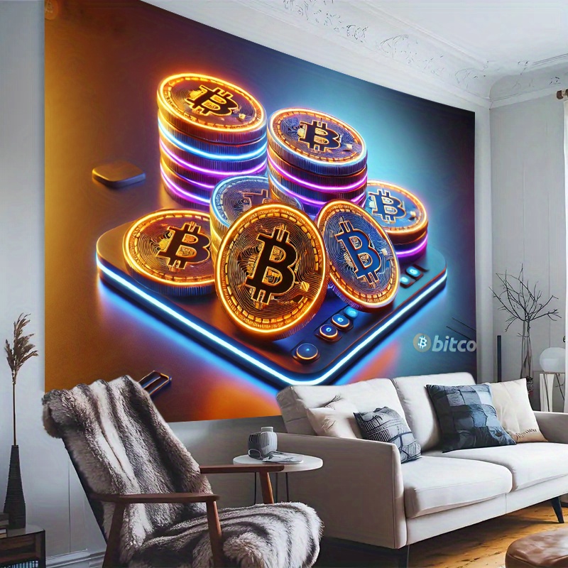 Office Tech Background - Krypto-Bitcoin-Wandteppich, Neon-Goldmünzen-Telefon-Wandbehang, Digitale Währungs-Tech-Deko für Gamer-Zimmer